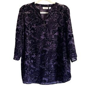 Chicos Womens Velvet Burnout Tunic Top Chicos Size 2 (L) Black Purple  VNeck